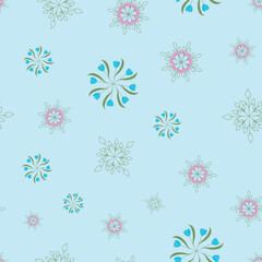 Seamless Vector Repeat Pattern with Scattered flower Wheels of Purple Lilies, Pink Peonies, Blue Tulips and Green Line Art Leaves on Blue