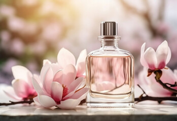 Glass bottle with essential oil among the magnolia blossoms