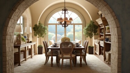 Interior design inspiration of Mediterranean Rustic style home dining room loveliness decorated with Stone and Ceramic material and Archway .Generative AI home interior design .