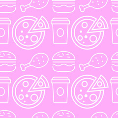Seamless pink fast food pattern background textile design for wallpaper, texture, printing, clothing. Vector.
