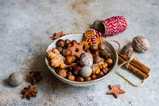 Plate of chestnuts with Christmas cookies
