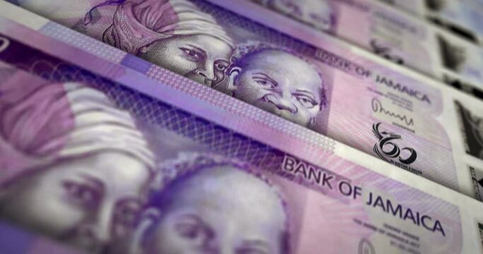 Jamaica money Jamaican Dollar banknote loop. JMD money texture. Concept of economy, business, crisis, banking, recession, debt and finance. Moving over note. Loopable seamless 3d animation.