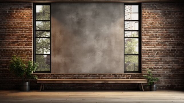 Spacious floor to ceiling window on concrete wall with wooden sill. Stylish loft industrial interior with brick and dark background. Ideal for adding text.
