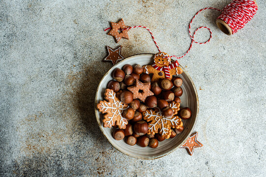 Plate of chestnuts with Christmas cookies