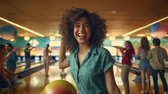 a woman in mid-throw as she releases the bowling ball down the lane, viewed from behind. The composition conveys the dynamic and competitive atmosphere of the bowling club.