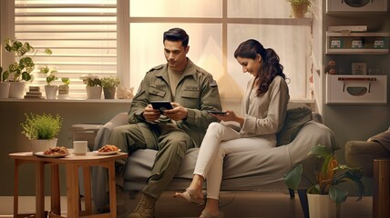 Obraz premium a young couple comfortably seated in a minimalist military-themed interior, each engrossed in online shopping via their laptop computers. The composition conveys the ease of accessing e-commerce