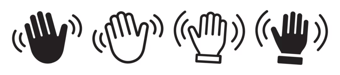 Foto op Plexiglas Set of hand hello icons. Hand waving, hand gesture, hello, hi, bye, wave hello, goodbye, greeting symbol. Vector. © SVIATOSLAV