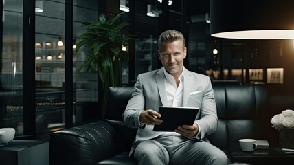 the young businessman seated on a sleek sofa in a minimalist interior, confidently holding a digital tablet and smiling warmly at the camera. The composition conveys a sense