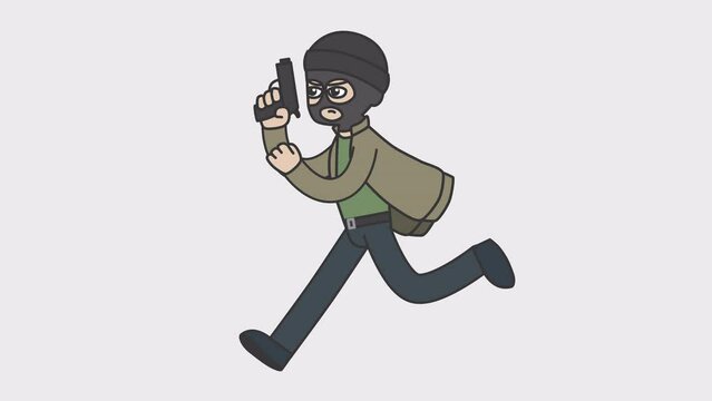 Original name(s): White male criminal wearing mask runs holding a gun in his hand. Looped 4K video with alpha-channel.
