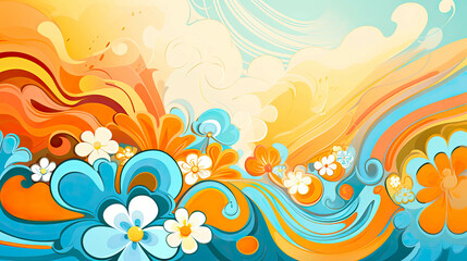 Fototapeta na wymiar Colorful 70s Retro Style poster art with flowers, and psychedelic wavy shapes, colors in orange, pale blue, yellow and greens. Background texture or wall art.