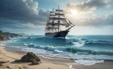 The sea and a sailing ship with mystical nature background.