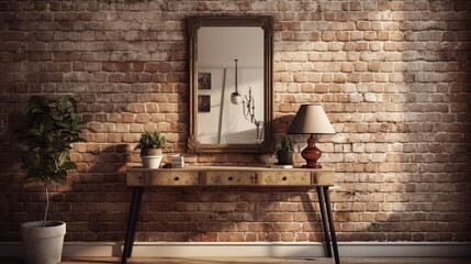 Brick wall with table, mirror, and decorations in hallway.