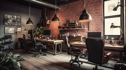 Fototapeta na wymiar Inspiring office interior design Industrial style Corporate Office featuring Exposed brick wall architecture. Generative AI AIG 31.