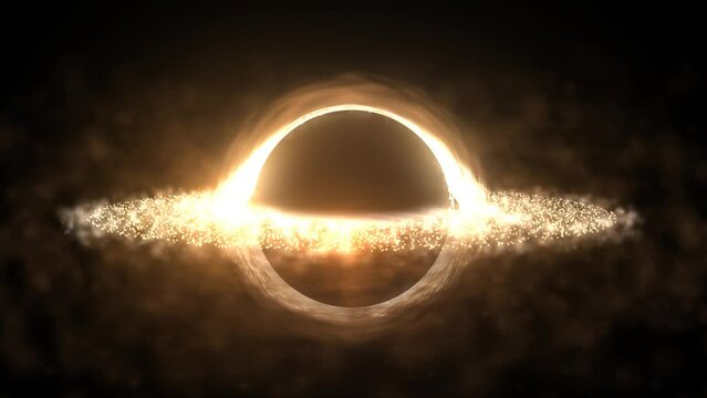Bright black hole in open space with spinning energy particles, cosmic sphere in yellow color glowing abstract background