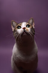 Portrait of a domestic white spotted cat, on a purple background, looking up, centered, studio light, isolate, vertical, paste text