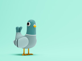 Cartoon pigeon standing on a blue background 3D illustration