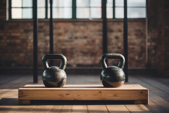 Serene and calm gym space with two kettlebells ready to be lifted. Compact and versatile tool for athletes and fitness enthusiasts. Kettlebells in the soft natural sunlight.