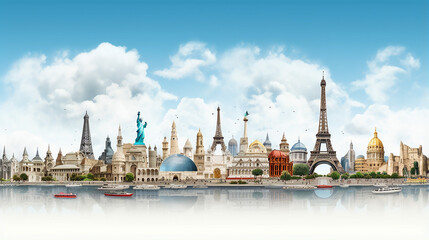 World landmarks and famous monuments collage with cloud background - obrazy, fototapety, plakaty
