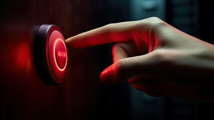 a man's hand hovering above a prominent red button set against a dark, suspenseful background. The image conveys the tension and gravity of an impending action.