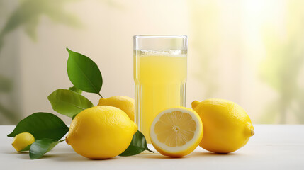 Fresh squeezed lemon juice in glass with lemon fruit. Isolated on light color background with copy space. 