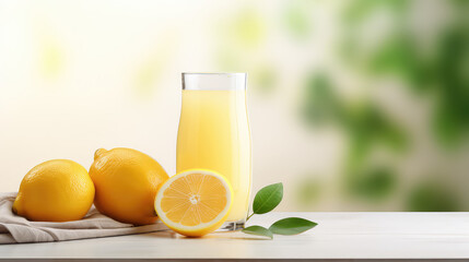 Fresh squeezed lemon juice in glass with lemon fruit. Isolated on light color background with copy space. 