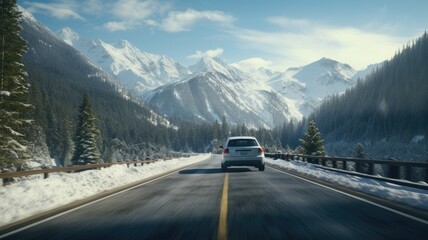 a car speeding down a snowy road, surrounded by a breathtaking winter landscape of snow-covered mountains and a dense forest. Emphasize the sense of motion and adventure.