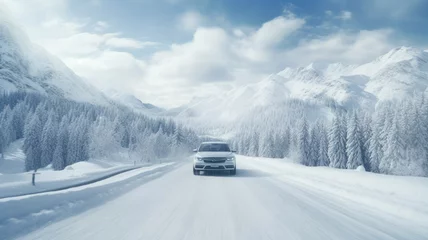 Zelfklevend Fotobehang a car speeding down a snowy road, surrounded by a breathtaking winter landscape of snow-covered mountains and a dense forest. Emphasize the sense of motion and adventure. © lililia
