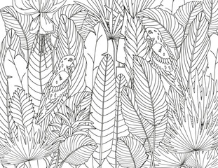Coloring page made of tropical flowers and leaves. The best activity to relieve stress.