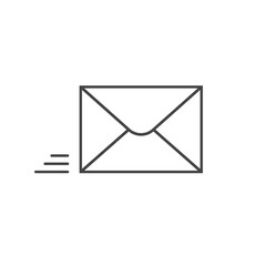 Flying email envelope black outline icon. Mail symbol. Vector illustration isolated on white background.