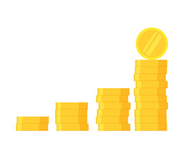 Growing saving. Golden coins stack income graph. Gold coin. Money heap. Finance, investment. Vector illustration in modern flat style isolated on white background.