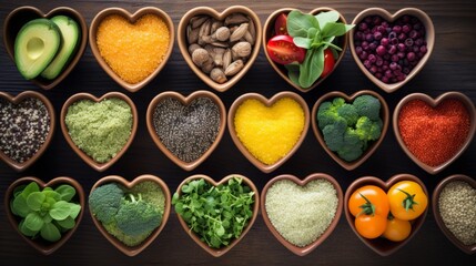 background Heart shaped bowls with colorful healthy food, 16:9, concept: healthy food