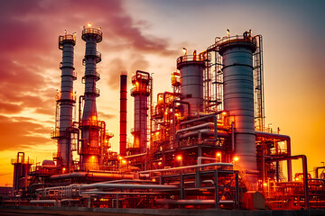 Fototapeta premium Large factory with many pipes and lights in the dark sky at sunset.