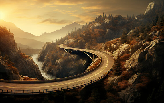Illustration of a scary winding road near mountains. Challenging long bridge suspended in the void with intricate structure. Track scenario that tests the courage of travelers.