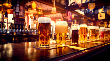Row of beer mugs sitting on top of bar next to each other. - obrazy, fototapety, plakaty
