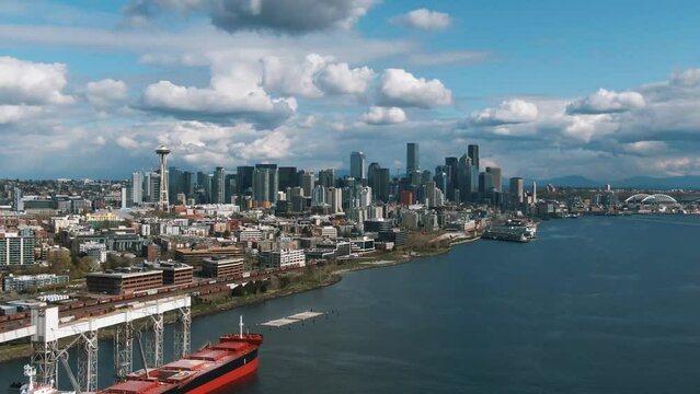 Aerial of Seattle Skyline over the bay from Elliot Bay Park, Seattle, Washington 7