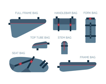 Set of touring bikepacking bags. Collection of bicycle body kit for travelling. Saddlebag, frame, trunk, handlebar bike bag. Isolated flat vector illustration 