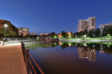 Fototapeta na wymiar Beautiful Evening landscape with a pond in Zelenograd in Moscow. Russia