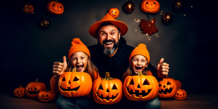 Man and two little girls wearing pumpkin hats posing for picture with jack - o'- lanterns.