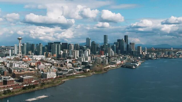 Aerial of Seattle Skyline over the bay from Elliot Bay Park, Seattle, Washington 6 