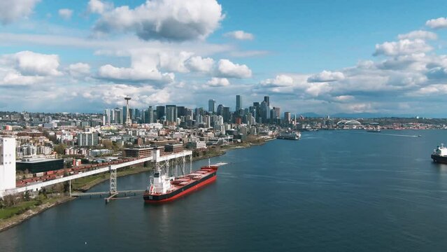 Aerial of Seattle Skyline over the bay from Elliot Bay Park, Seattle, Washington 5