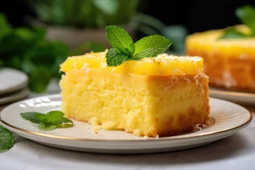 Foto op Plexiglas a slice of pineapple cake, sitting on a white plate. The cake is a light, fluffy yellow cake, with a thick layer of pineapple filling. The filling is a vibrant yellow color © Didikidiw61447