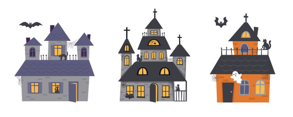 Set of gloomy dark Halloween houses. Halloween concept.	
