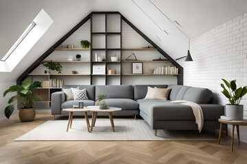 Corner sofa against shelving unit, scandinavian home interior design of modern living room in attic in farmhouse.
