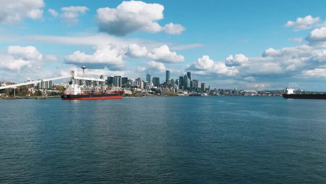Aerial of Seattle Skyline over the bay from Elliot Bay Park, Seattle, Washington 2