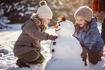Children playing in the snow make a snowman, generative ai