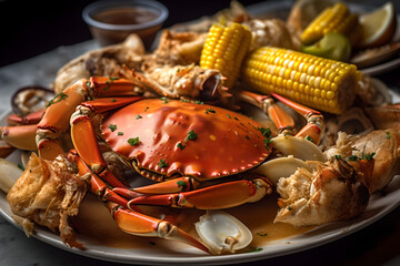 a close up of a crab boil, AI generated, Generative AI, AI Art, illustration,