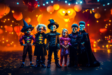Group of children in halloween costumes posing for photo in front of stage.
