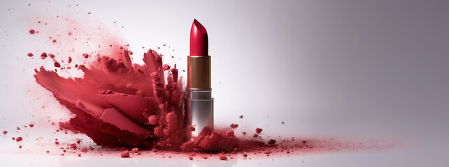 Generative AI, Red lipstick, powder splashes and smoke with copy space.