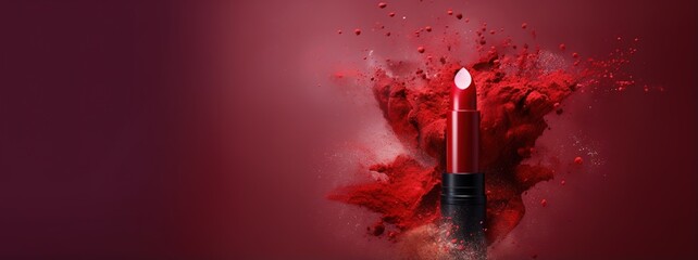 Generative AI, Red lipstick, powder splashes and smoke with copy space.