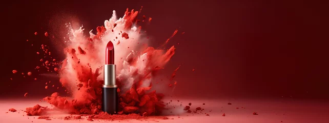 Fotobehang Generative AI, Red lipstick, powder splashes and smoke with copy space. © DELstudio